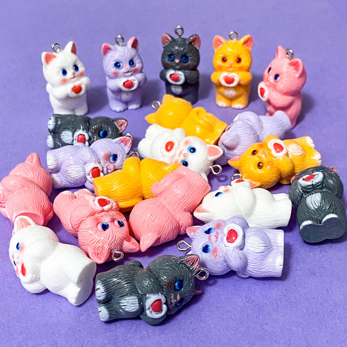very large jumbo big chunky cat charm charms pendant pendants 32mm uk cute kawaii raft supplies shop store resin yellow orange lilac purple white dark grey pink holding heart hearts