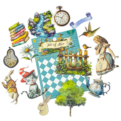 alice in wonderland cute kawaii clear plastic sticker stickers flake flakes pack tale of  rabbit white bunny bird birs swallow cheshire cat cats teapot clock clocks pocket watch stream tree book books daisy    uk stationery planner addict supplies big large clear plastic pet pvc die cut cuts caterpillar