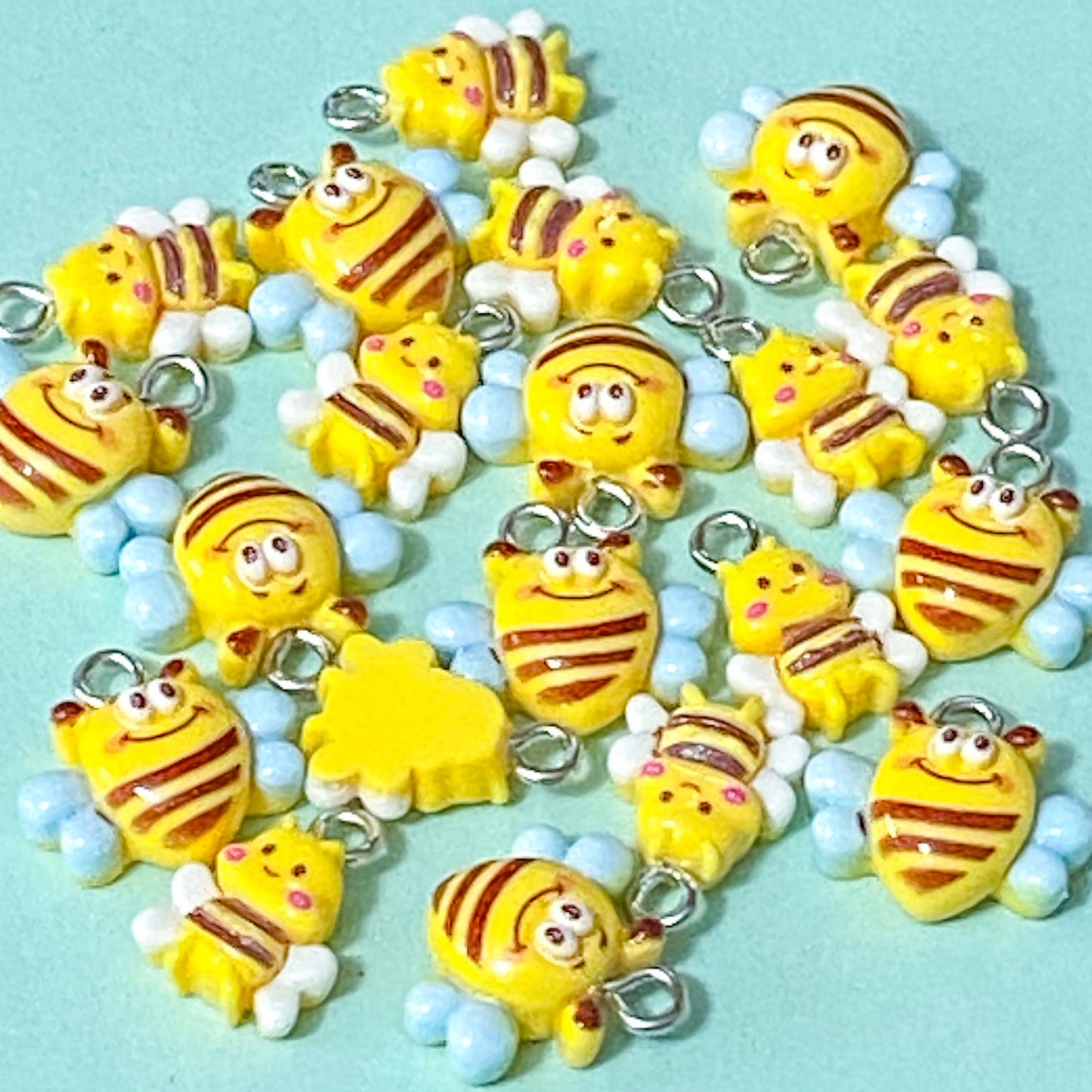 bee bees bumblebee honey honeybee resin charm charms pendant pendants silver tone metal hook cute kawaii craft supplies shop store uk jewellery findings yellow white blue adorable funny googly eye eyes