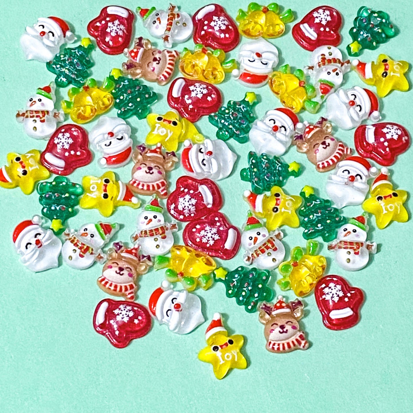 mini small little tiny acrylic resin flatback flatbacks fb fbs flat back embellishments uk cute kawaii festive christmas craft supplies shop store 10mm 11mm 12mm set of 10 tree santa snowman star bell glove mitten red yellow green white reindeer