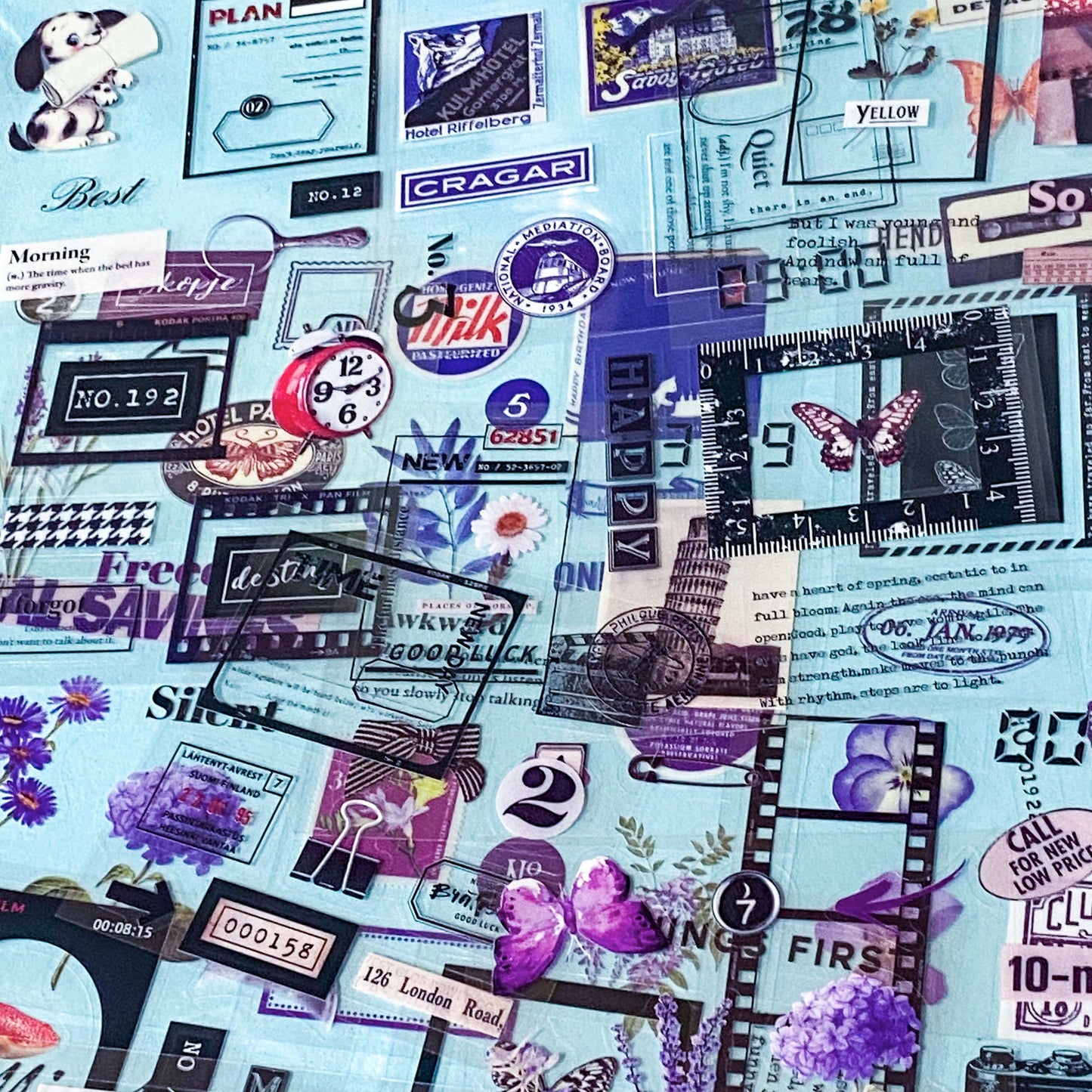 pack of 25 clear sticker sheets featuring purple vintage collage elements including butterflies, flowers, labels and decorative frames