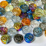 round flat bead beads glass patterned swirly floral double sided craft supplies 10mm slices uk shop store jewellery making colourful orange brown blue clear foil foiled green grey rose roses