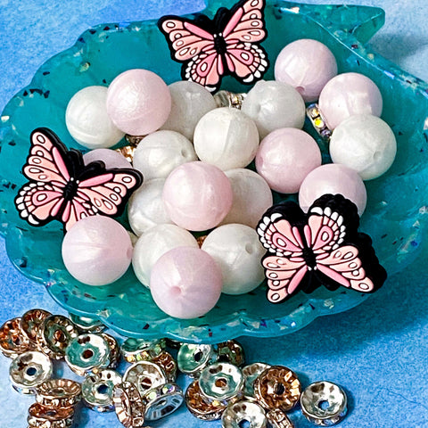 pearlescent pink pale white pearl pearly silicone bead beads uk cute kawaii craft supplies shop store butterfly butterflies pretty large jumbo big make your own pen pens keyring bookmark creative rhinestone spacer spacers 10mm 30mm 29mm 15mm