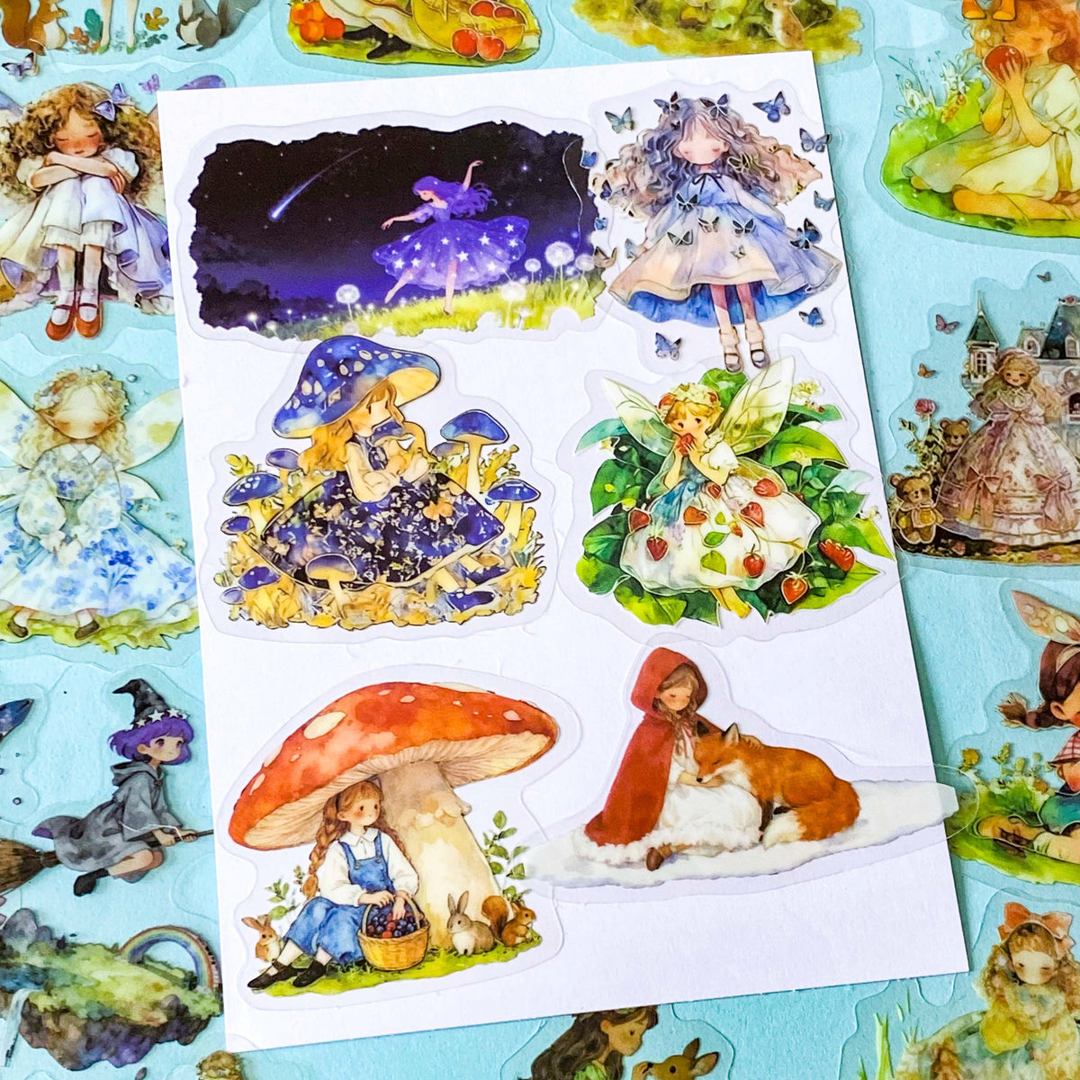 mushroom hollow and fairy glen PET sticker collection featuring fairies, woodland animals, foxes, rabbits, mushrooms, flowers and enchanted storybook figures including princesses. UK cute and kawaii stationery shop with lettterbox gifts.