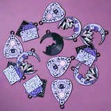 magic magical mystical halloween spooky occult planchette ouija tarot crystal crystals moon enamel charm charms pendant black lilac purple white pretty cute kawaii uk craft supplies shop store cards