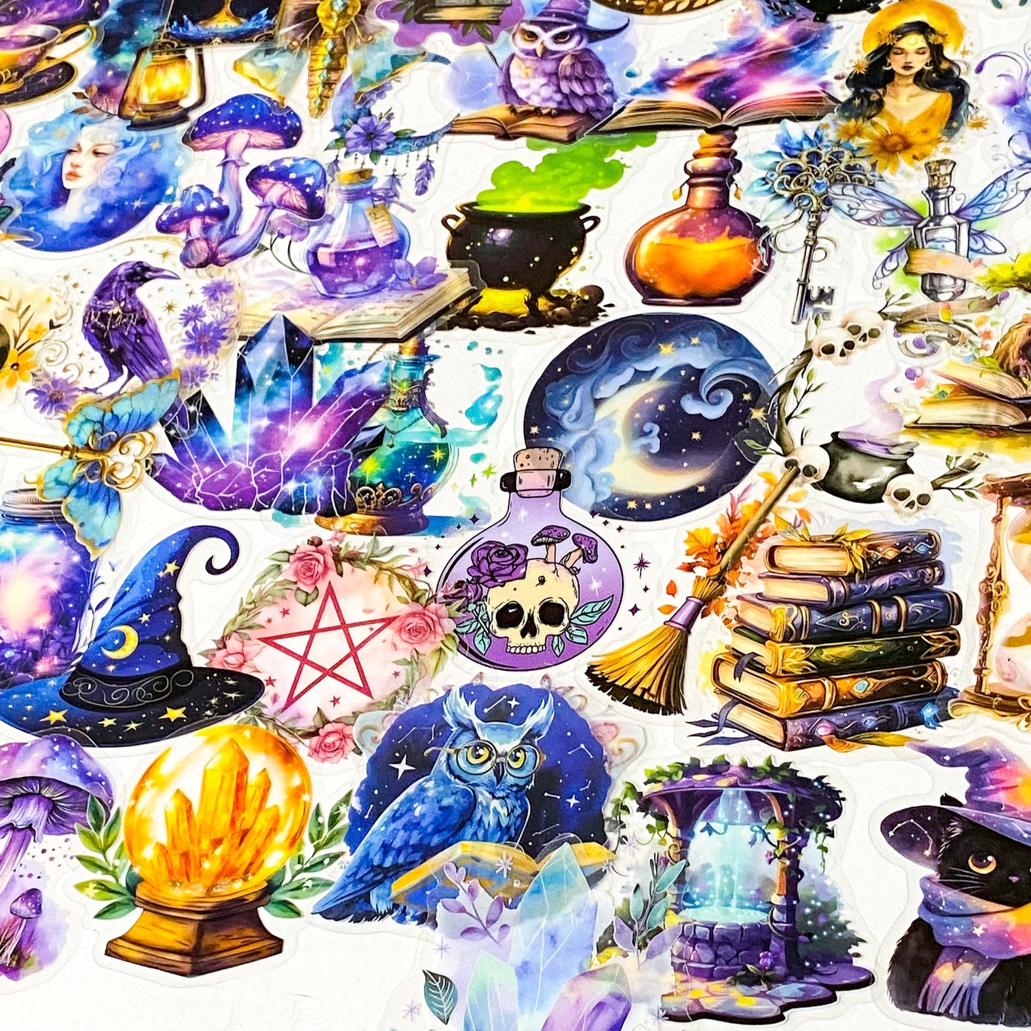 magic magical mystical witch witchcraft sticker stickers big large clear plastic pack hat potion cat black crystal ball books spells moon moons girl mushroom moth purple blue owl owls pentagon pentangle uk cute kawaii colourful stationery pack set gift gifts