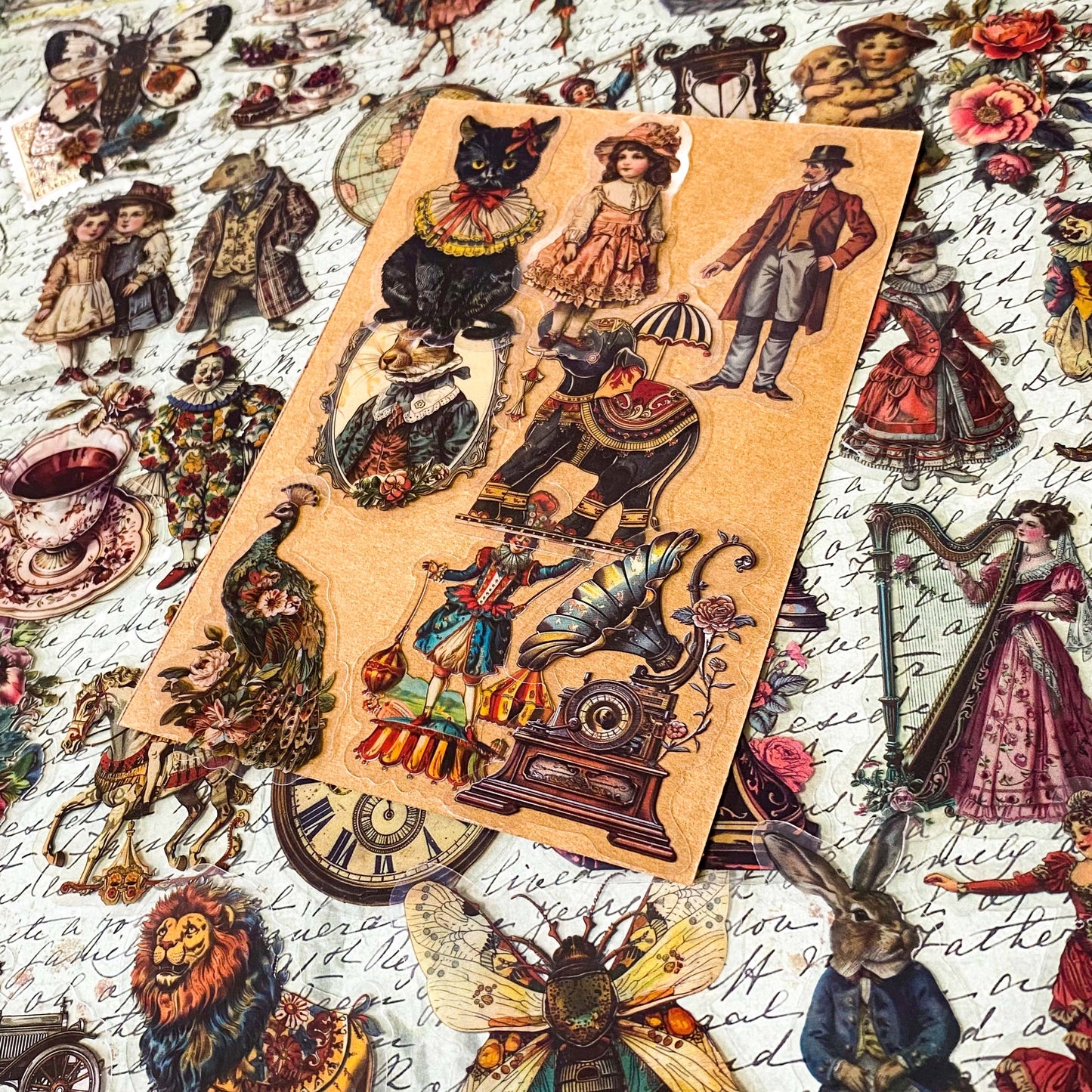victorian clear stickers vintage animals, ephemera junk journal set with circus animals, cats, butterflies, clocks, antique objects and theatre images