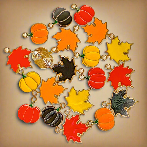 pumpkin pumpkins halloween autumn leaf leaves enamel charm charms pendant pendants gold tone metal uk cute kawaii craft supplies shop store orange brown yellow red maple