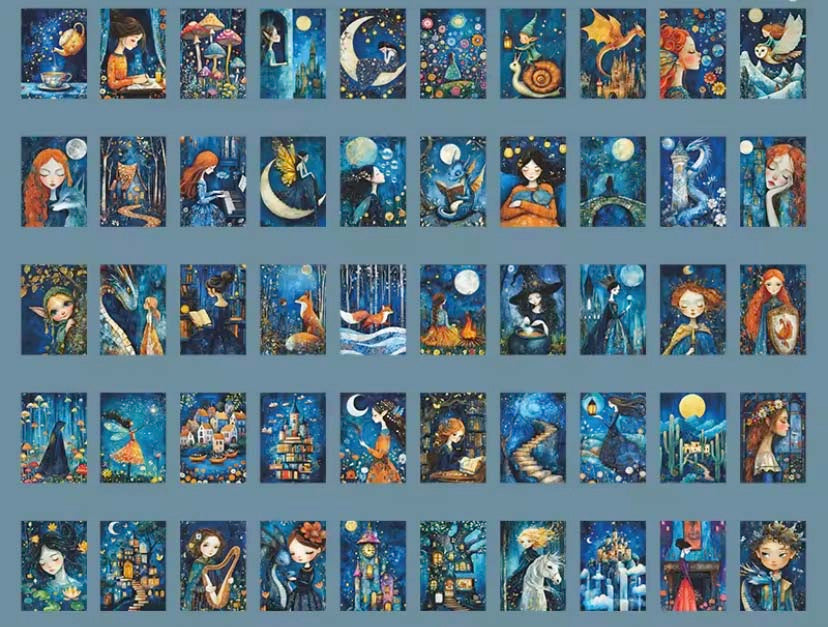 close up of blue fairytale sticker book with 50 matte pages of mini stickers including designs of castles, princesses, fox, moon and night scenes