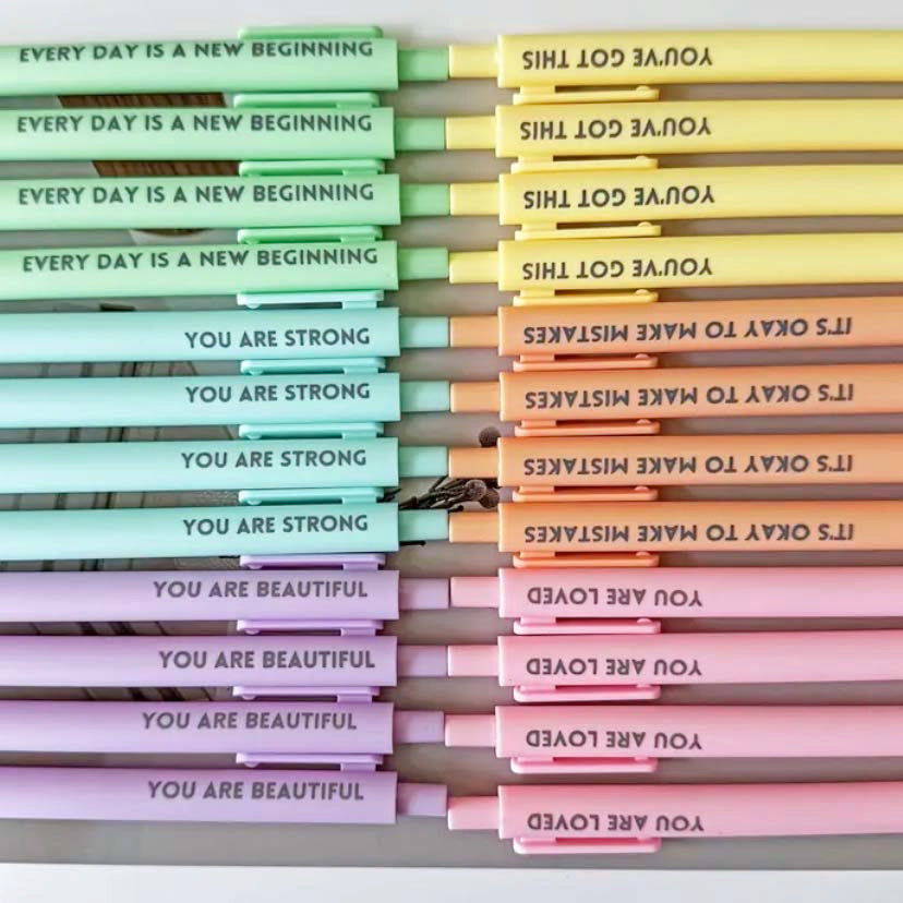 pastel motivational quote sating motto phrase word words pen pens black click ink ballpoint biro uk cute kawaii stationery shop store blue int green lilac yellow pink orange gift gifts matte soft touch