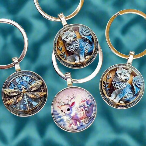 glass cabochon cabochons keyring keyrings key ring chain uk cute kawaii gift gifts stocking filler fillers blue cat cats dragonfly deer baby deers reindeer christmas festive pink