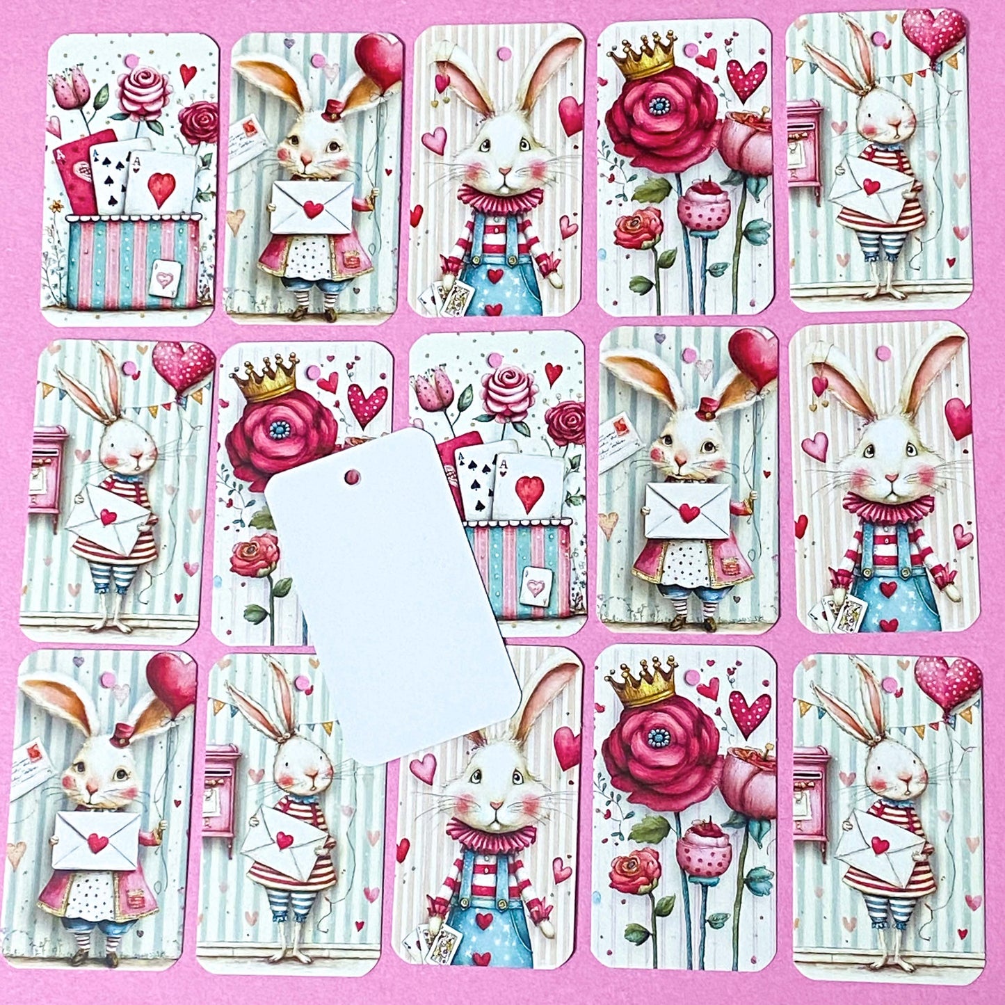 red and pink rabbits romantic card gift tags set on a pink background
