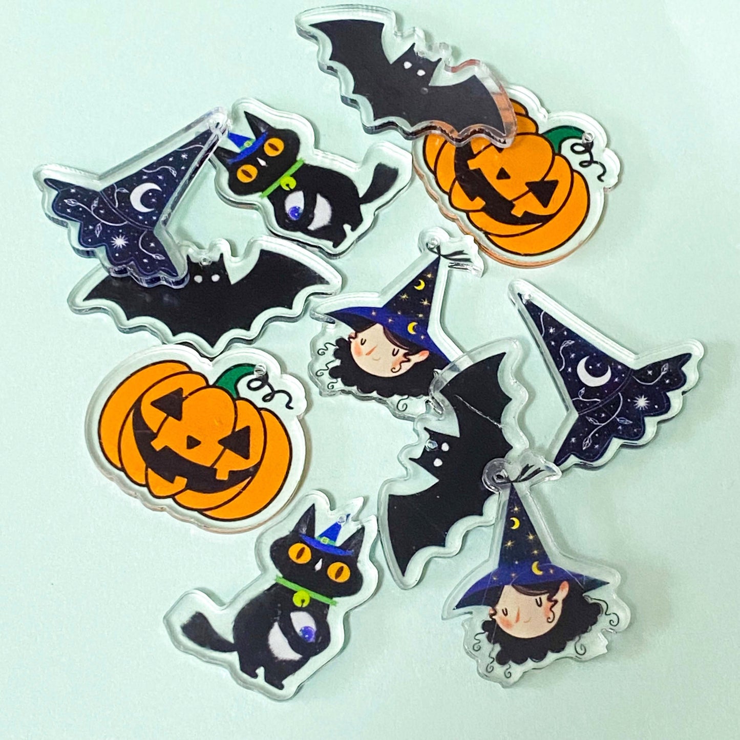spooky halloween acrylic clear charm charms pendant uk cute kawaii black orange hat witch witches cat cats black bat bats craft supplies large materials for jewellery making