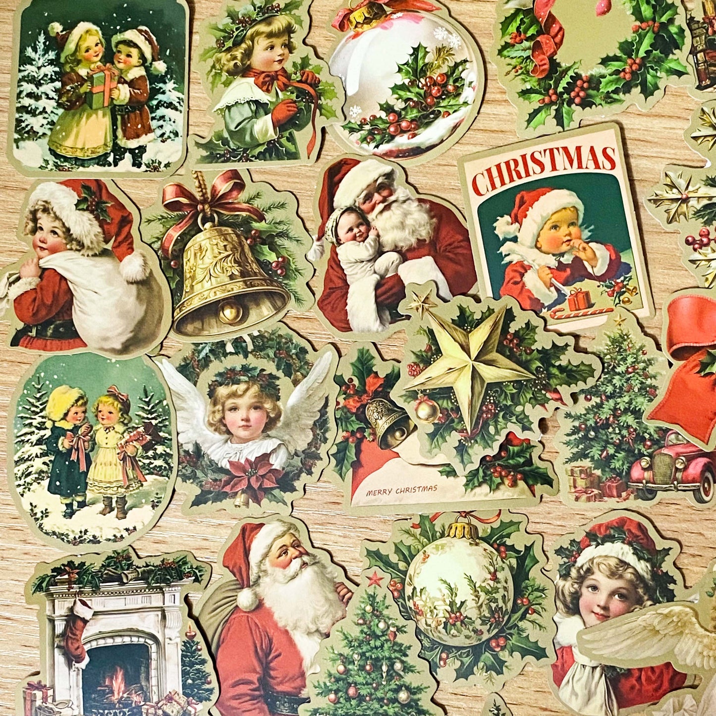 a victorian vintage retro christmas festive laptop sticker stickers set k cute kawaii red green white sepia stationery gift gifts matte satin old fashioned seals santa car tree trees present angel angels girl children bauble star snow globe