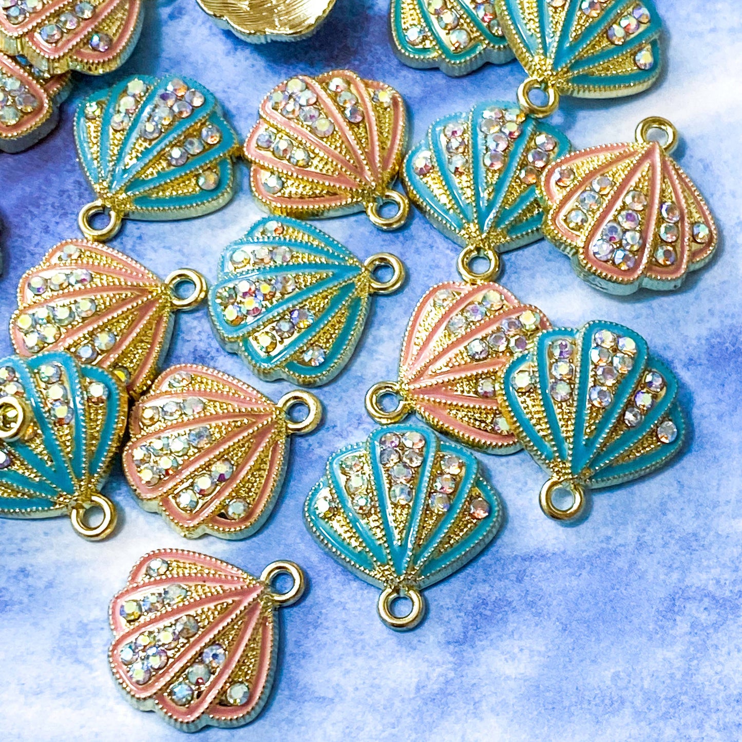 rhinestone sparkly rhinestones glitter shell shells seashell pendant charm charms gold tone metal enamel pretty jewellery supplies uk craft shop store turquoise pale pink metal