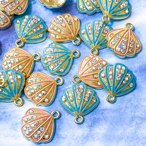 rhinestone sparkly rhinestones glitter shell shells seashell pendant charm charms gold tone metal enamel pretty jewellery supplies uk craft shop store turquoise pale pink metal