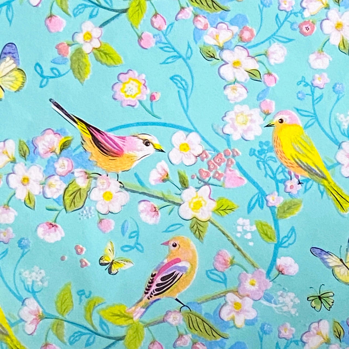 spring cherry blossom and little birds and butterflies. pretty aqua turquoise background. pink, light green and turquoise blue. uk packaging supplies
