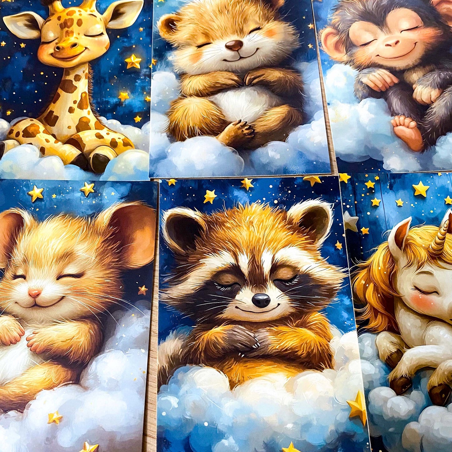 dreaming on a cloud pretty animal postcard postcards post card cards uk cute kawaii stationery shop store planner addict blue gold clouds night sky hare rabbit koala bear pig parrot panda mouse dog puppy giraffe elephant lion individual sleepy sleeping night