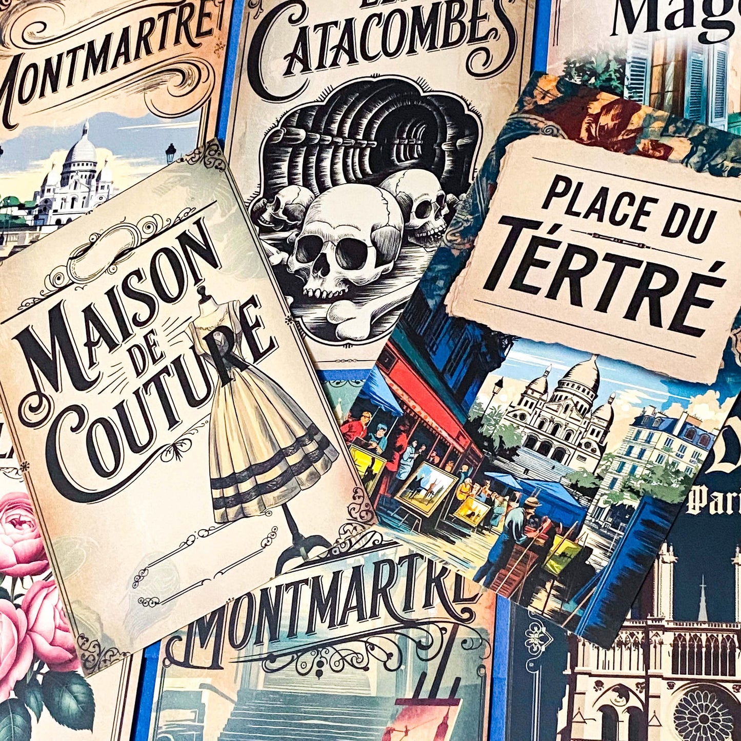 vintage style paris postcards featuring montmartre, notre dame, french cafe, Paris landmarks, travel advertisment art cards. Uk cute stationery.