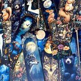 moonlight night animals in the wood woodland card bookmark bookmarks double sided pretty stationery uk cute kawaii shop store planner addict supplies dark nighttime moon squirrel rabbit wolf badger raccoon owl bear elk moose deer stag