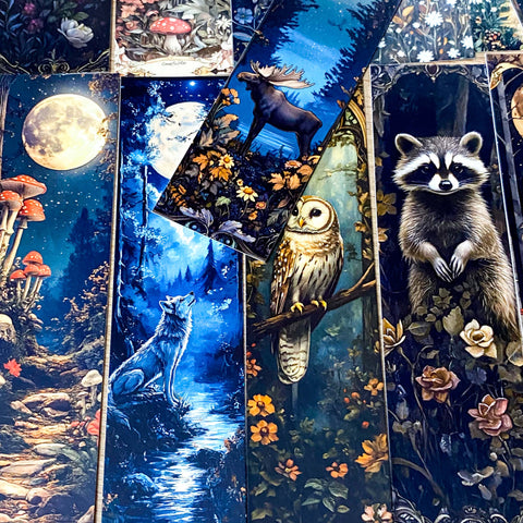 moonlight night animals in the wood woodland card bookmark bookmarks double sided pretty stationery uk cute kawaii shop store planner addict supplies dark nighttime moon squirrel rabbit wolf badger raccoon owl bear elk moose deer stag