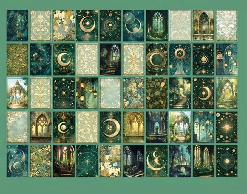 green forest and celestial scrapbook paper mini book with moons, arches, lights and vintage patterns