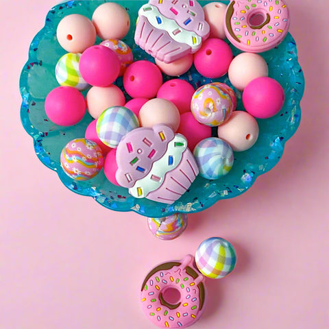 silicone bead beads soft large big 15mm 16mm round pink deep light cerise pale checked pattern daisy daisies floral patterned uk ute kawaii cup cake cupcakes donut donuts pretty beaded pens build your own jewellery supplies shop store making