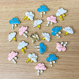 cloud clouds charm charms pendant pendants white blue pink rain raindrop raindrops lightning bolt thunder storm uk cute kawaii craft supplies shop gold tone metal store jewellery making