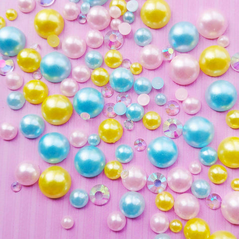 pastel bright gem gems sparkly half pearl pearls flat back flatback fb fbs embellishment yellow blue pink white clear uk cute kawaii craft supplies store shop lemon yellow pink mini tiny