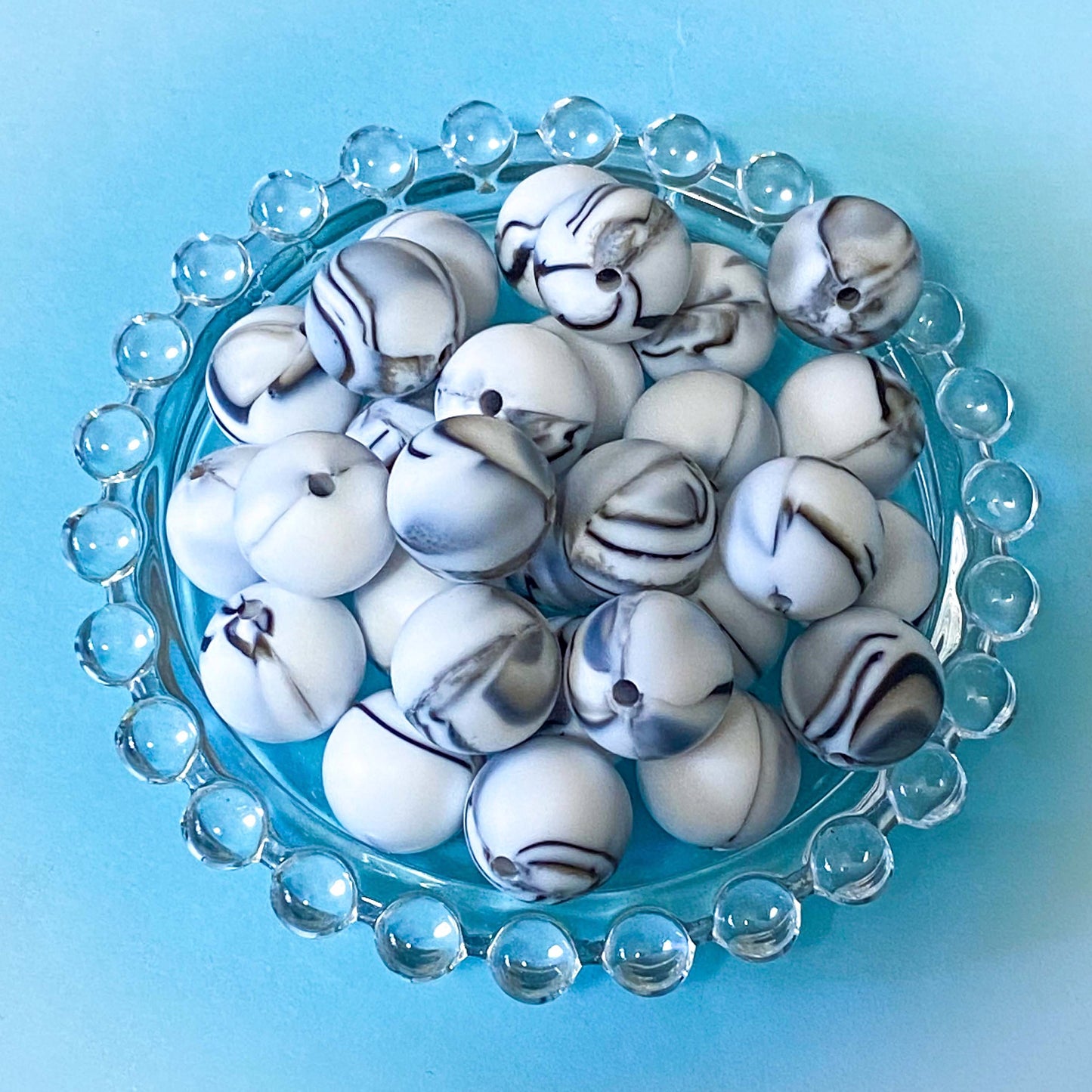 grey, black and white marble beads from soft touch 16mm round silicone. with swirly marbled pattern. for beaded pens, jewellery etc.