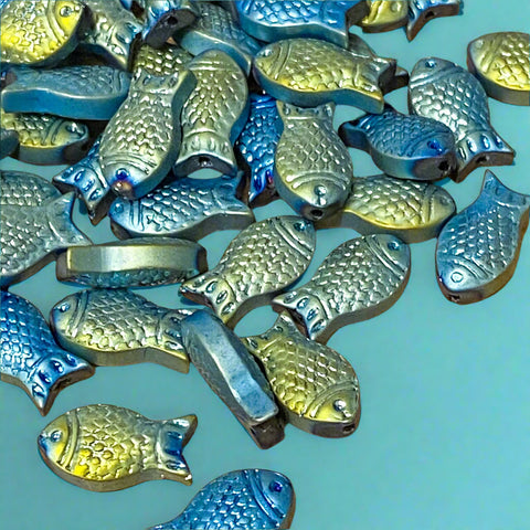 chunky fish bead beads green blue silver yellow gold uk cute kawaii craft supplies shop store 14mm 15mm heavy jewellery making pretty textured sparkly