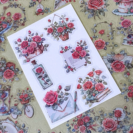 set of 52 premium PET stickers featuring heirloom red roses, vintage books, handwritten letters, envelopes, baskets, bicycles, and romantic botanical vintage illustrations.