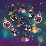 spooky cat cats black witch witches halloween gold tone charm charms enamel uk cute kawaii pendant pendants books purple magic magical eyes hat potion poison bottle broomstick