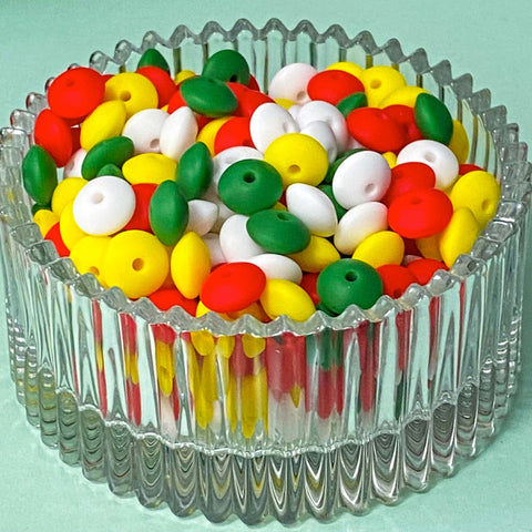 christmas colours mix blend silicone bead beads slim flat spacer spacers abacus disc disk festive small 12mm bean beans uk cute kawaii craft supplies shop store red green yellow white mixture 20 set jewellery making beaded pen pens