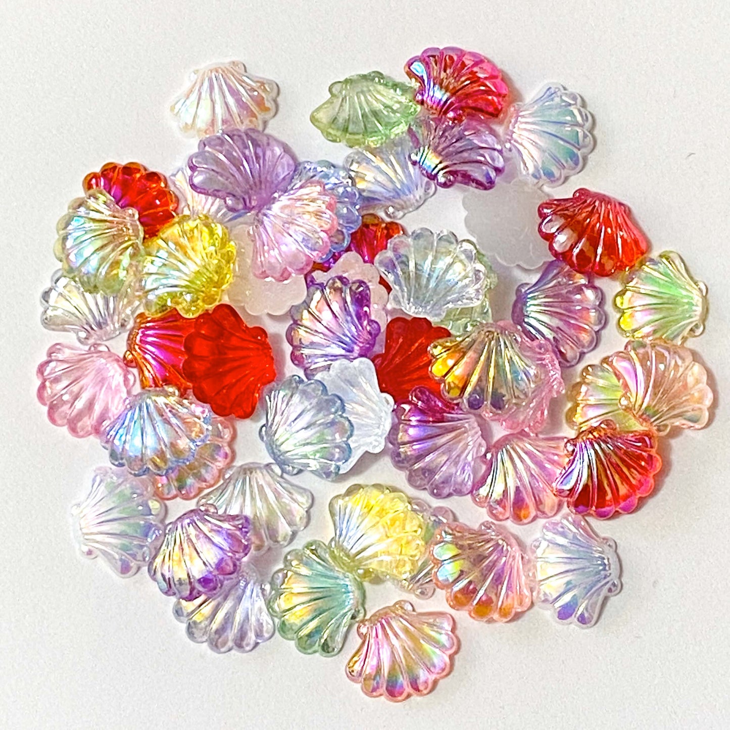 shell shells acrylic resin clear iridescent shimmer pearly ab flat back flatback flatbacks backs fb fbs uk cute kawaii craft supplies shop store colourful pretty little 2cm 20mm red yellow white clear blue pink green