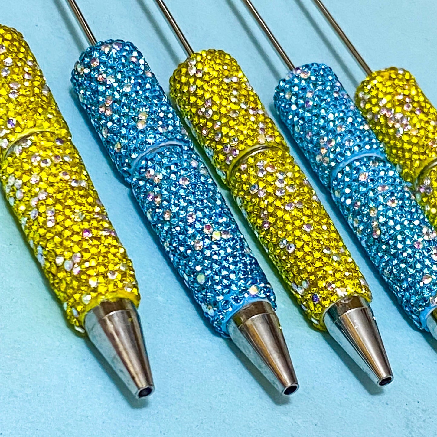 pen blanks uk cute kawaii stationery making beaded pens pretty lemon yellow and turquoise blue with silver details on a blue background
