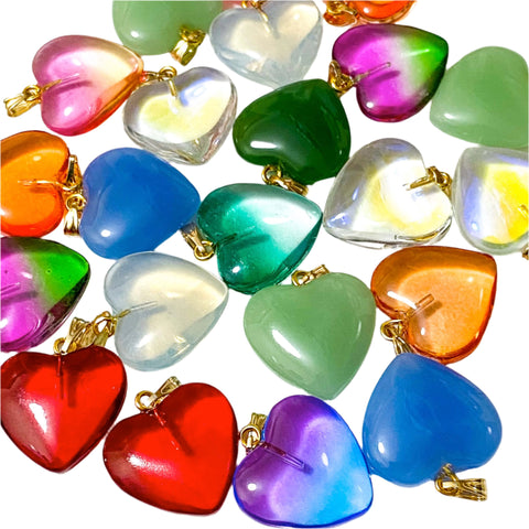 heart hearts glass and precious stone stones gem gemstone chalcedony agate opalite aura quartz uk cute kawaii craft supplies gold metal hook rounded 3d