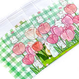 large big cello cellophane bag bags pink and green bunny and bear cute kawaii 10cm 10 cms square uk stationery packaging supplies tulip tulips floral flower flowers white green gingham pattern pretty