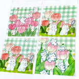 large big cello cellophane bag bags pink and green bunny and bear cute kawaii 10cm 10 cms square uk stationery packaging supplies tulip tulips floral flower flowers white green gingham pattern pretty