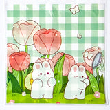large big cello cellophane bag bags pink and green bunny and bear cute kawaii 10cm 10 cms square uk stationery packaging supplies tulip tulips floral flower flowers white green gingham pattern pretty