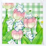 large big cello cellophane bag bags pink and green bunny and bear cute kawaii 10cm 10 cms square uk stationery packaging supplies tulip tulips floral flower flowers white green gingham pattern pretty