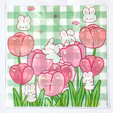 large big cello cellophane bag bags pink and green bunny and bear cute kawaii 10cm 10 cms square uk stationery packaging supplies tulip tulips floral flower flowers white green gingham pattern pretty