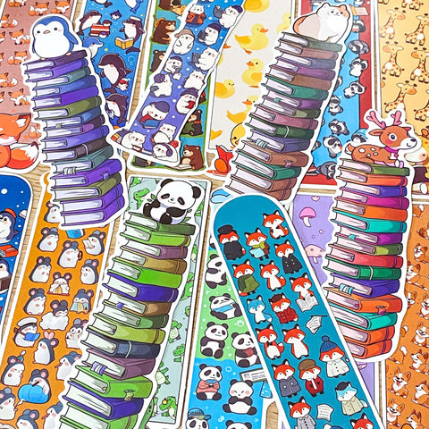 cute kawaii animal animals reading book books bookmark bookmarks card uk stationery shop store panda seal whale cat dog frog giraffe crocodile fox deer penguin bear mouse mushroom colourful tower