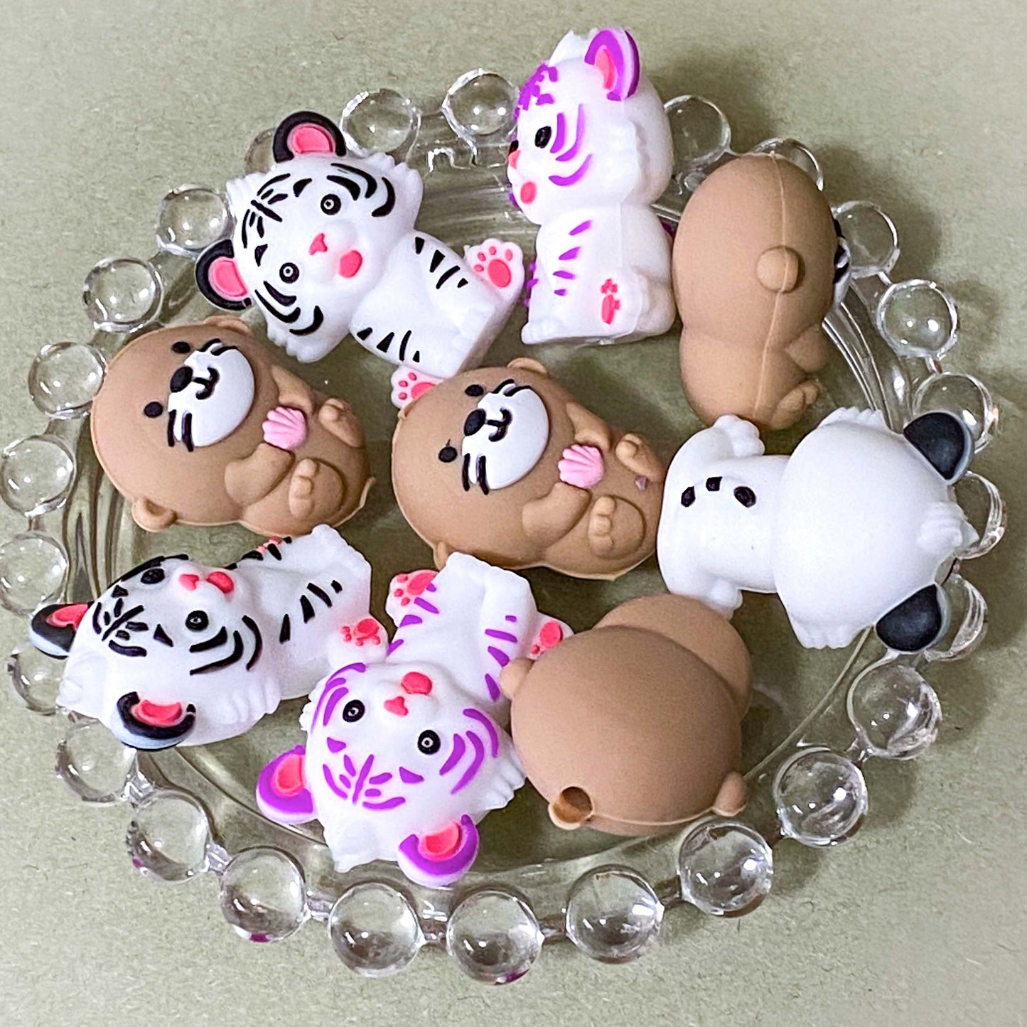 white tiger or brown otter larger silicone beads 26mm 30mm big focal bead. otters and tigers. for beaded pens and jewellery making. uk craft shop.