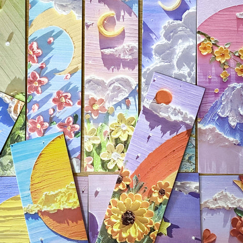 3d oil painting art card bookmark bookmarks book mark marks uk cute kawaii picture textured pretty landscape flower floral set pack slim mountain sky ocean sun moon