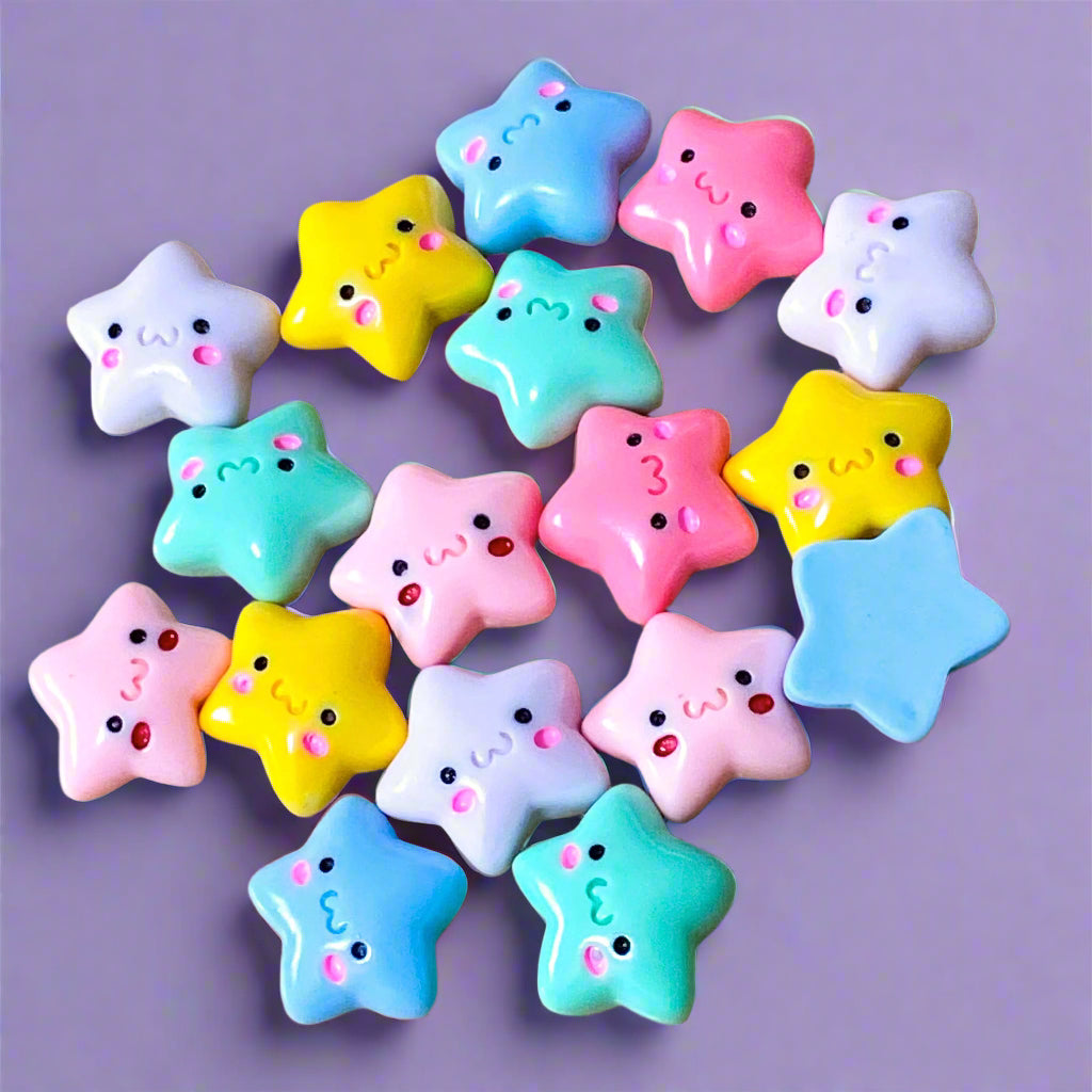 chunky star stars happy smiling kawaii cute resin resins flatback flat back backs fb fbs uk craft supplies shop store bargain pink cerise lemon yellow purple lilac green aqua
