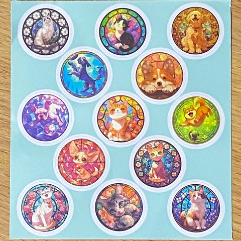 cat and dog cats dogs puppy kitty kittens puppies 32mm round circular stickers sheet sheets stained glass window windows colourful bright uk cute kawaii stationery packaging supplies shops store