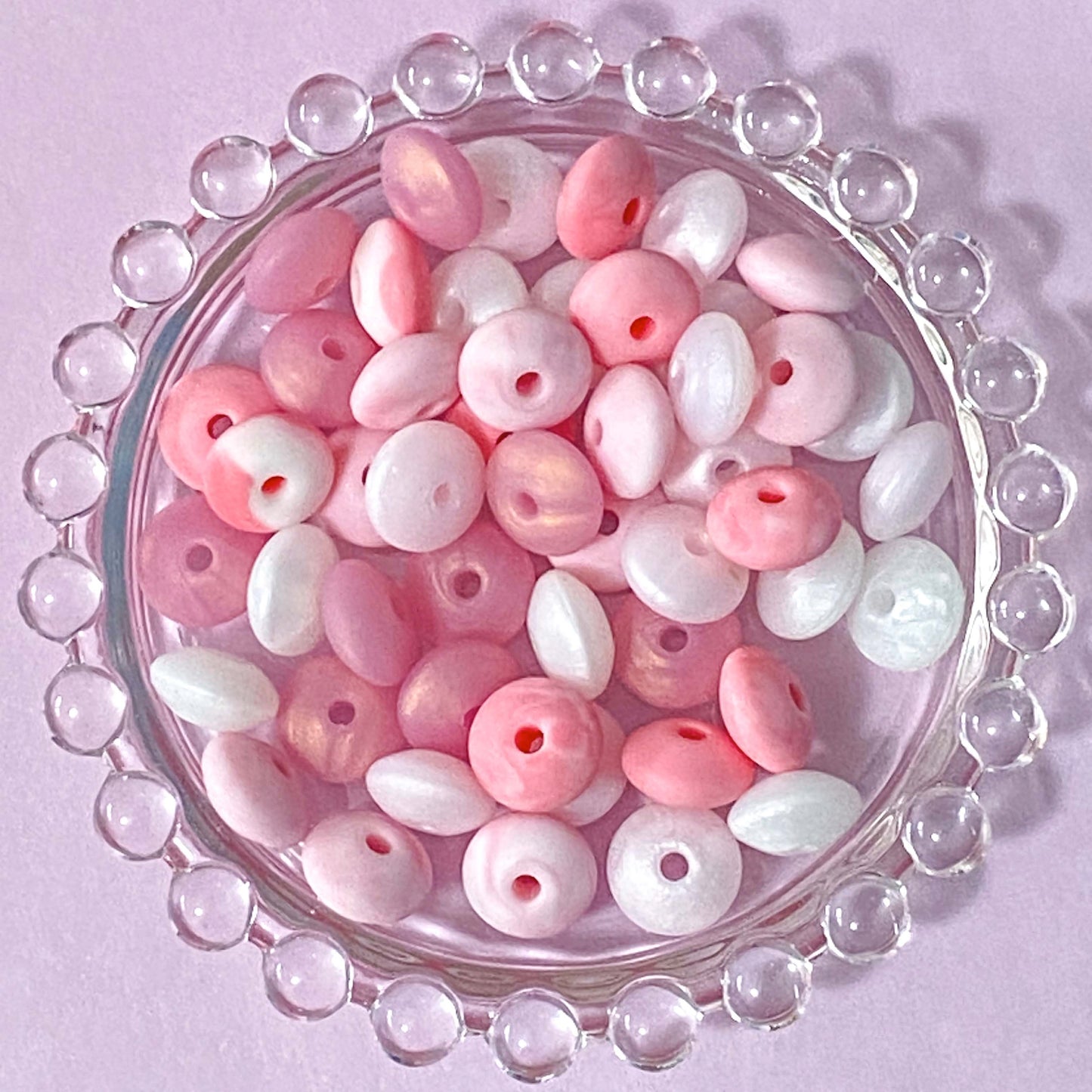 pink silicone bead beads bean abacus spacer spacers 12mm disc uk cute kawaii craft supplies shop store pretty white pearl pearly metallic lustre marble marbled patterned blend set bundle mix 10