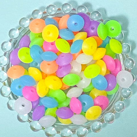 12mm silicone soft bead beads spacer spacers abacus disc bean 12mm 7mm flat flattened glow in the dark glowing luminous cute kawaii craft supplies shop store uk beaded pen pens jewellery making