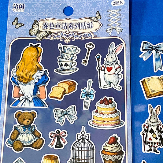 alice's adventures in wonderland matte sticker pack with two distinctive large clear decorative sheets featuring Alice, White rabbit, teacups, cakes, books, mushrooms and wonderland inspired illustrations. uk stationery shop.